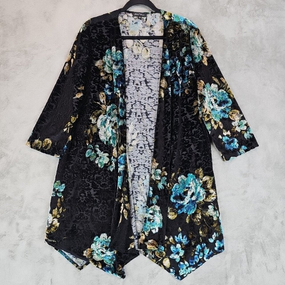 Slinky Brand Black Floral Velvet Cardigan with Teal and Gold Flowers